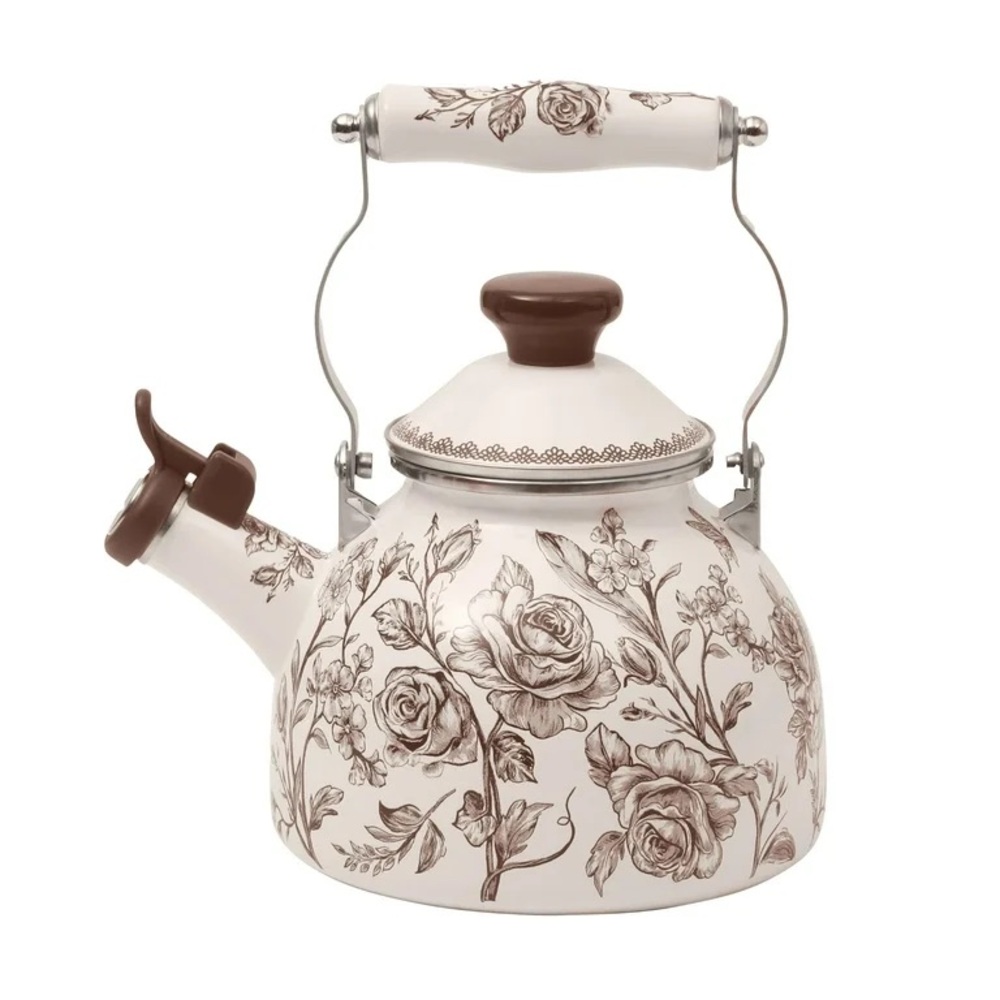 ✨The Pioneer Woman Agatha 1.8-Quart Enamel on Steel Tea Kettle, Floral Brown